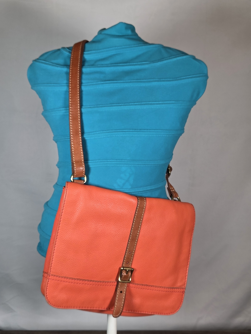 Fossil Orange Pebbled Leather Crossbody Flap Bag with Tan Trim